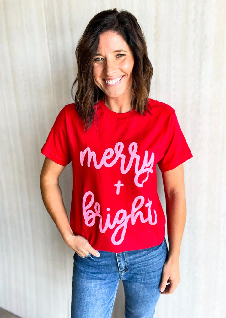 Red Merry & Bright T-Shirt with Pink | Christmas Graphic T-shirt