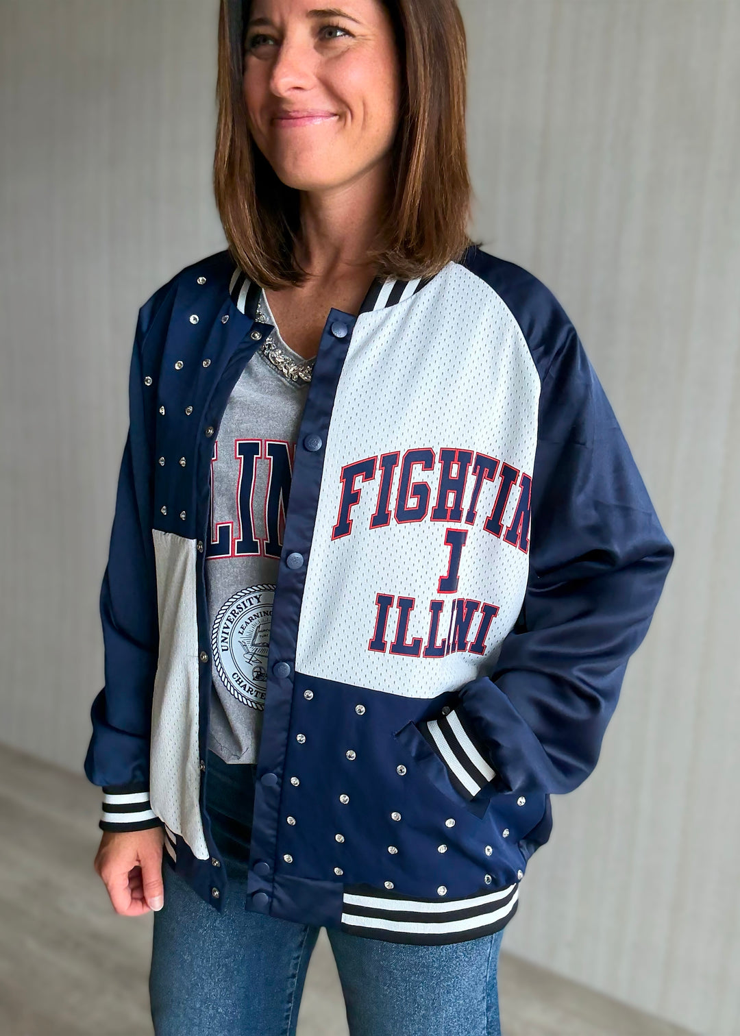 Women's Illinois Varsity Bomber Jacket with Rhinestones | Game Day Glam Outfit