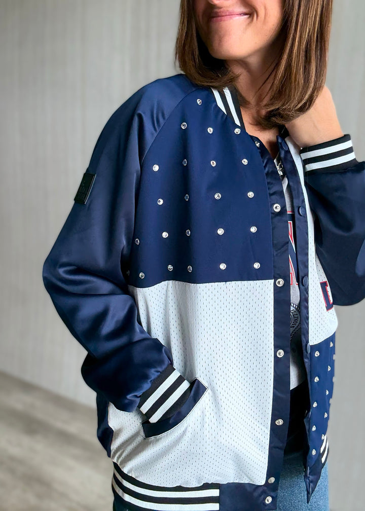Women's Illinois Varsity Bomber Jacket with Rhinestones | Game Day Glam Outfit