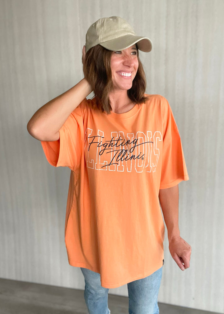 Women's Orange Embroidered Fighting Illini Tee | Champaign-Urbana Boutique with game day outfits for Illinois games.