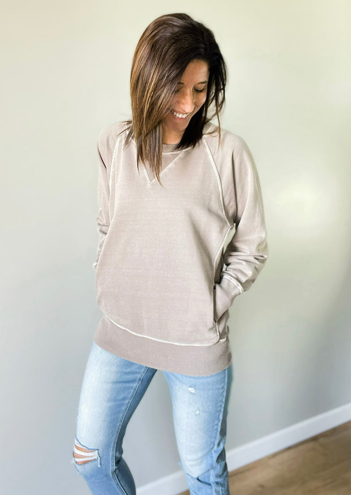 Women's French Terry Ash Mocha Pullover With Pockets | Spring Crew Sweatshirt