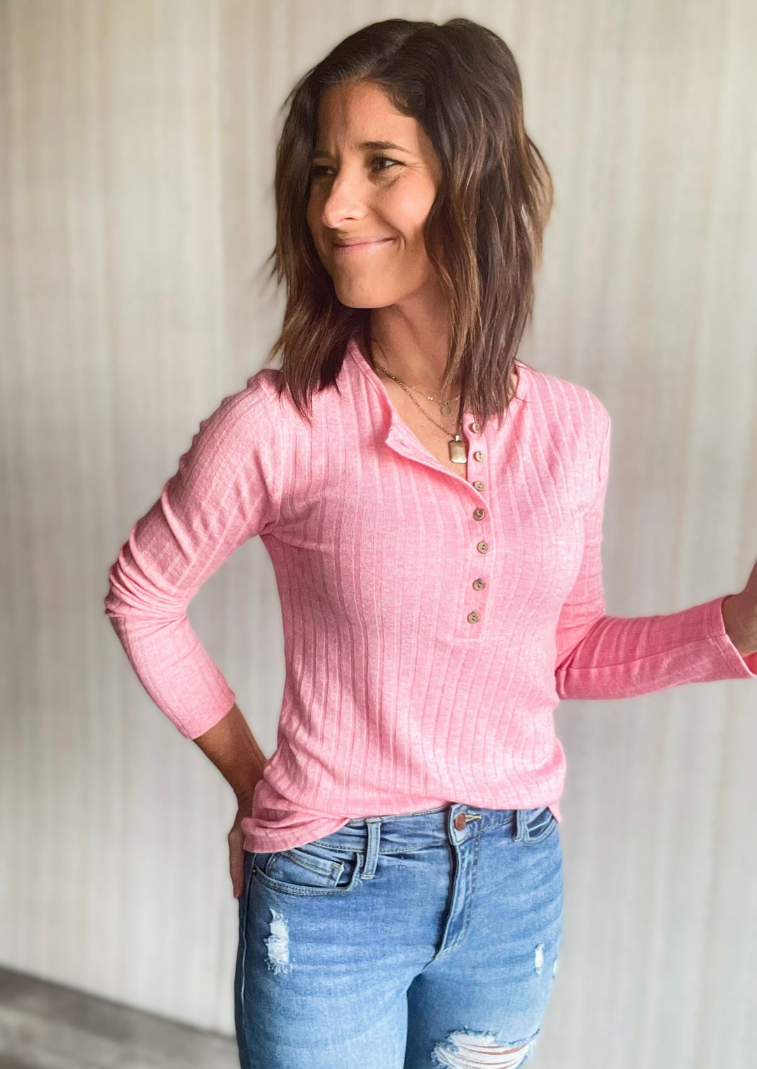 Pink Ribbed Henley Long Sleeve