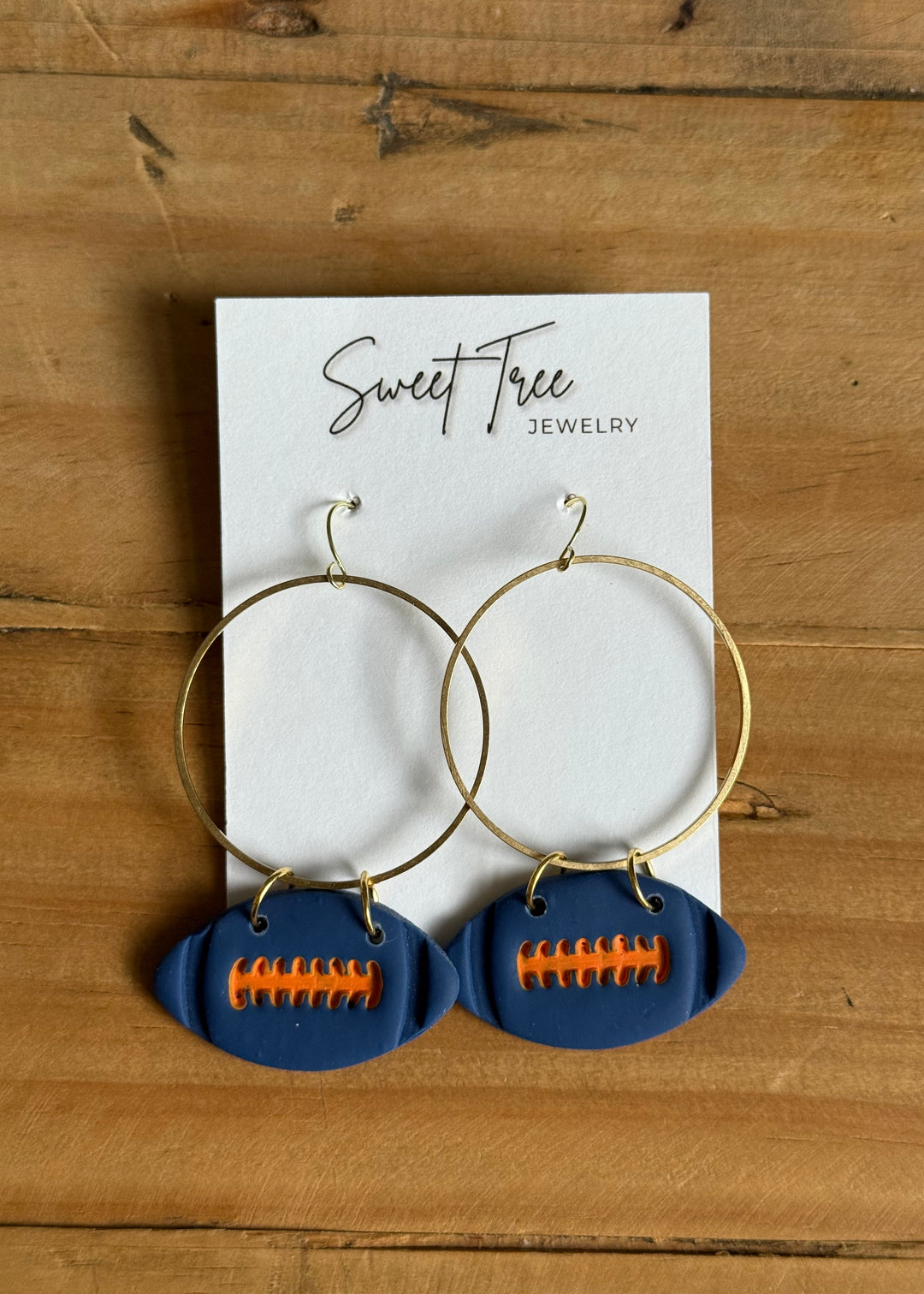 Navy Blue and orange Football Gold Hoop Earrings