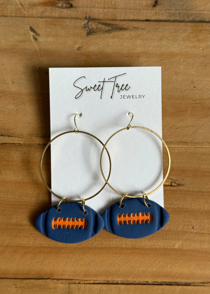 Navy Blue and orange Football Gold Hoop Earrings