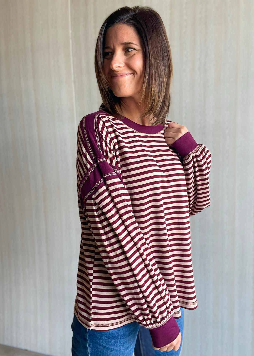 Women's Burgundy Striped Long Sleeve Top