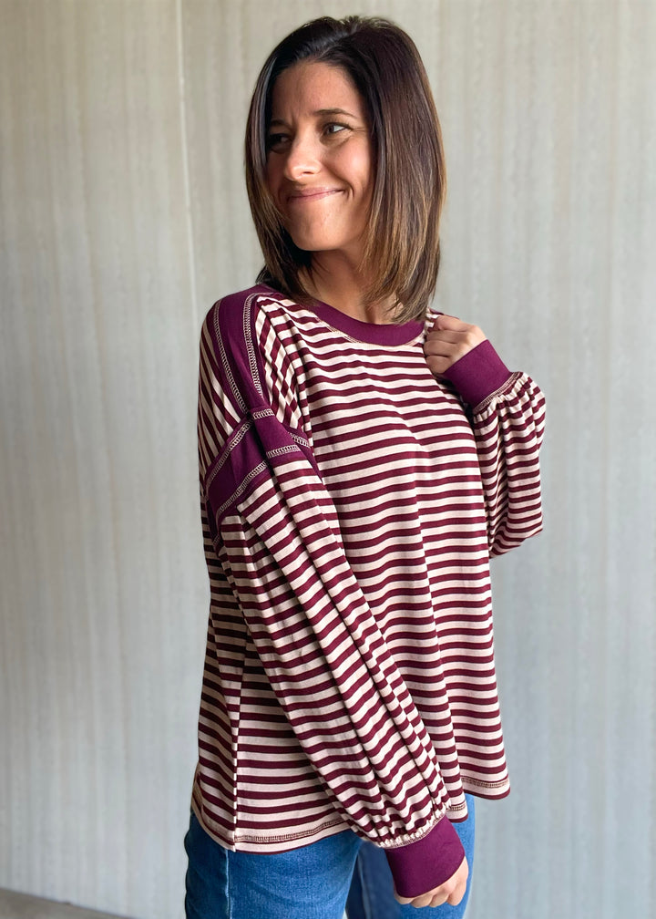 Women's Burgundy Striped Long Sleeve Top