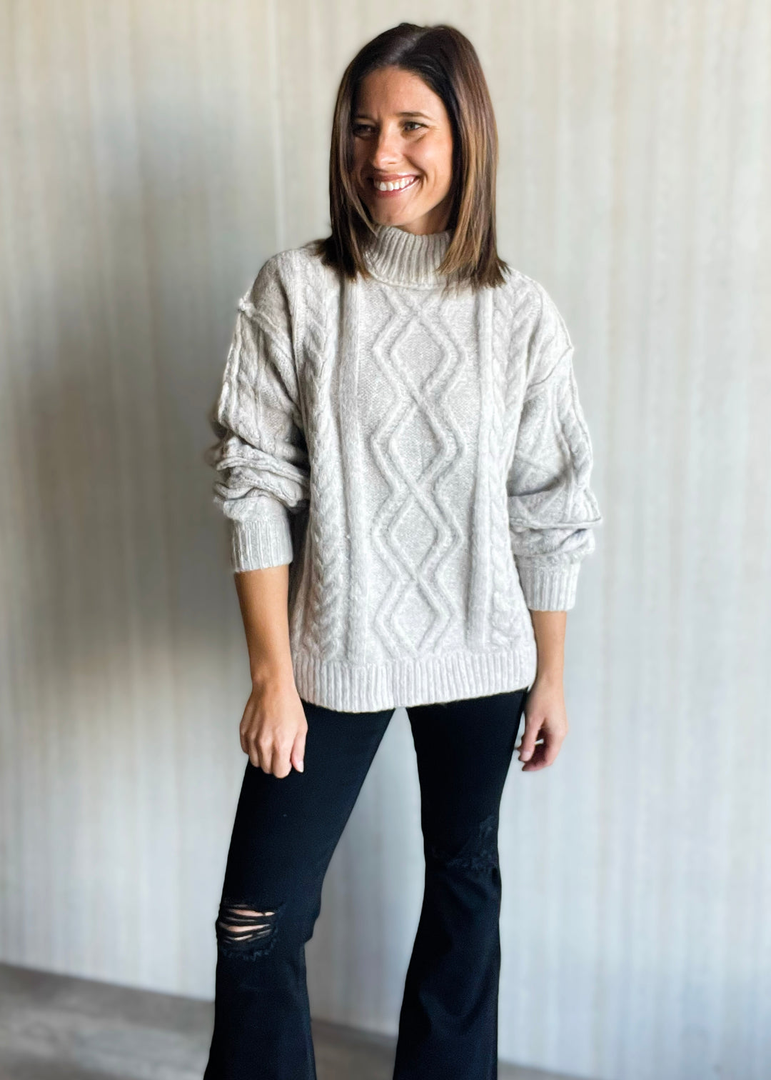 Women's Light Gray and Cream Turtleneck Cable Knit Sweater