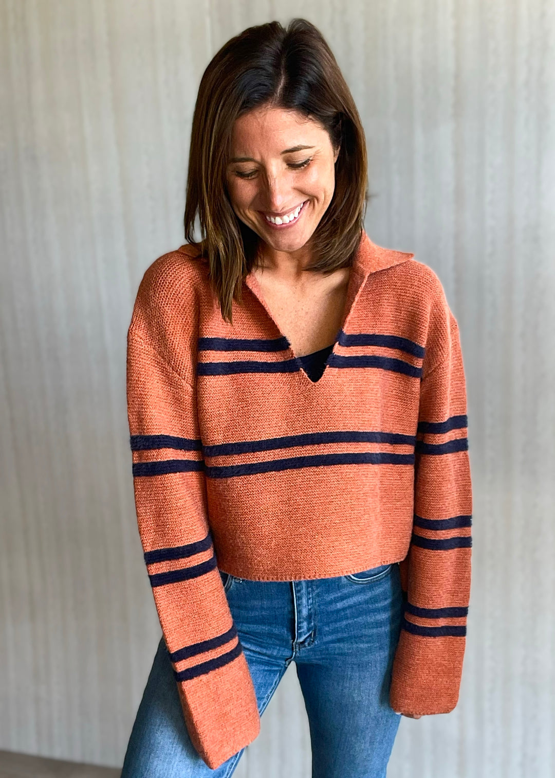 Women's Rust-Orange & Navy Striped Cropped Sweater