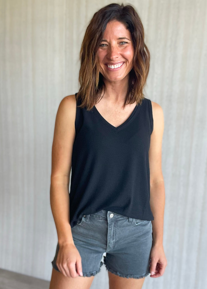 Women's Black Ribbed Knit Tank Top