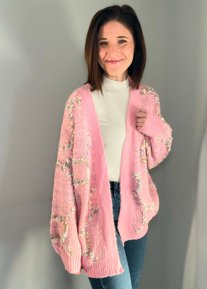 Women's Pink Stardust Cardigan | Popcorn material cardigan | Cute Valentine's Day Sweater Cardigan