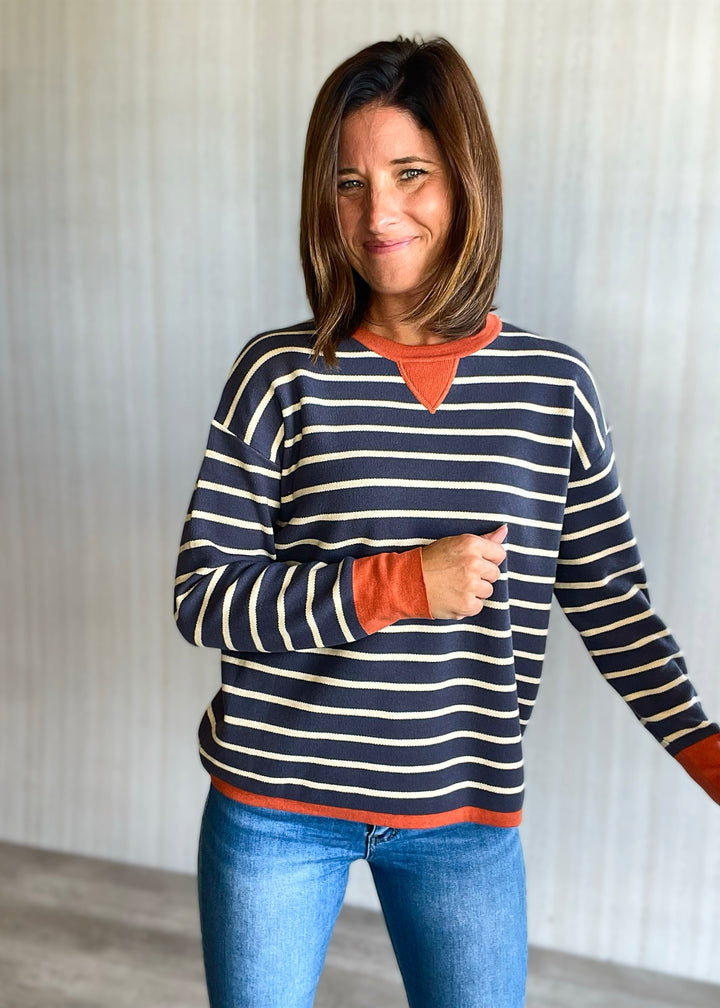 Women's Midnight Blue & Orange Rust Striped Sweater