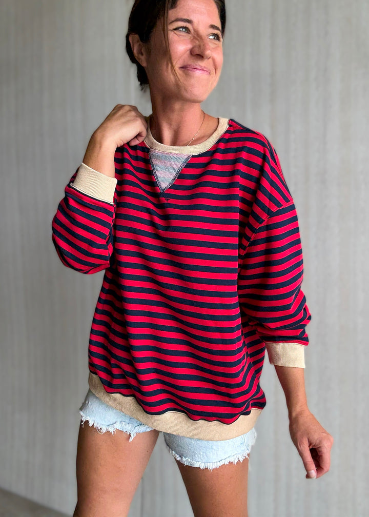Women's Red & Navy Oversized Striped Top