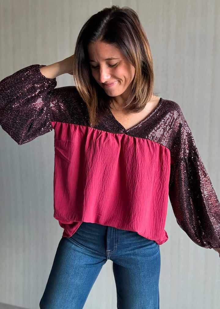 Maroon/Burgundy Sequin Babydoll Blouse | Women's Sequin Holiday Top