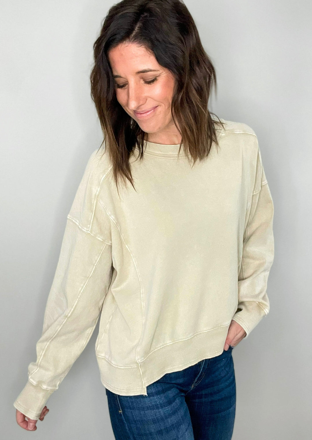 Mineral Washed Light Khaki Pullover | Neutral Women's Cozy Pullover Sweatshirt 