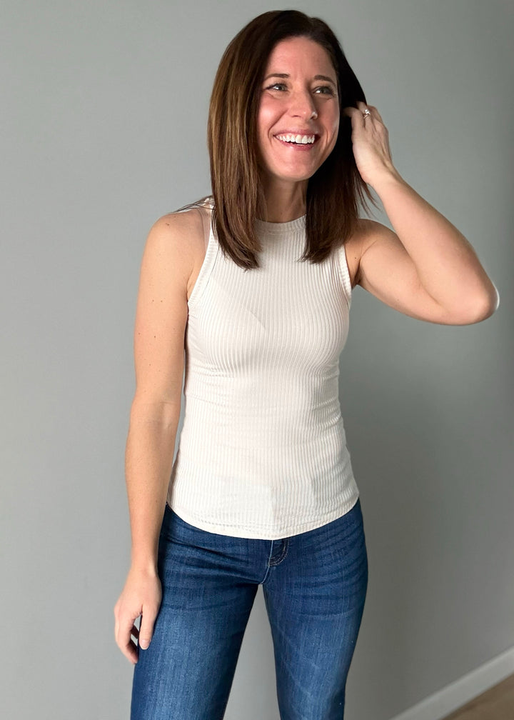 Women's Fitted Ribbed Taupe Tank Top 