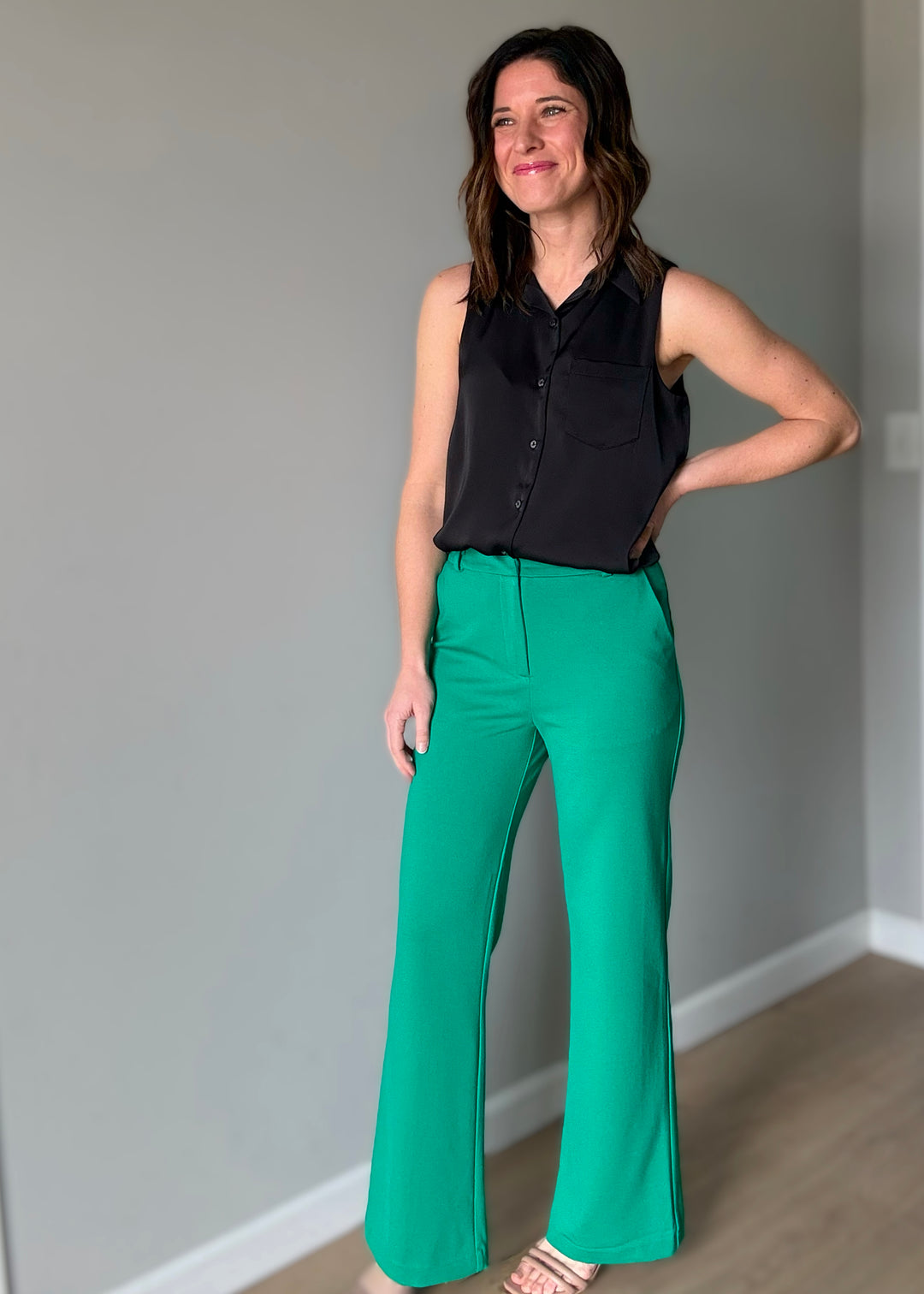 Women's Dress Pants - Skies Are Blue Brand - Green Knit Straight Leg Dress Pants