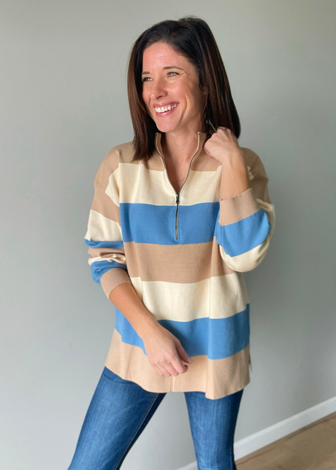 Women's Striped Half-Zip Sweater - Light Blue and Tan