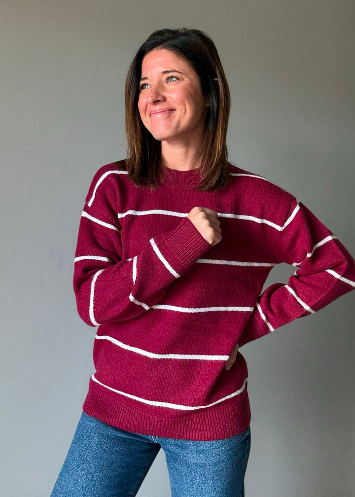 Striped Crew Neck Sweater (Maroon)