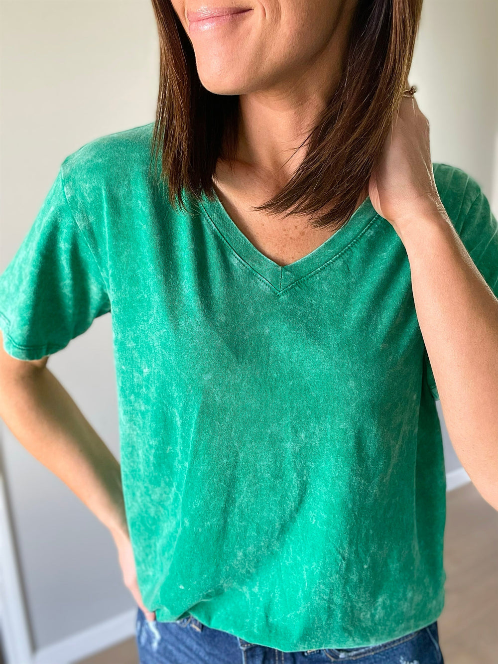 Mineral Washed Green V-Neck T-Shirt