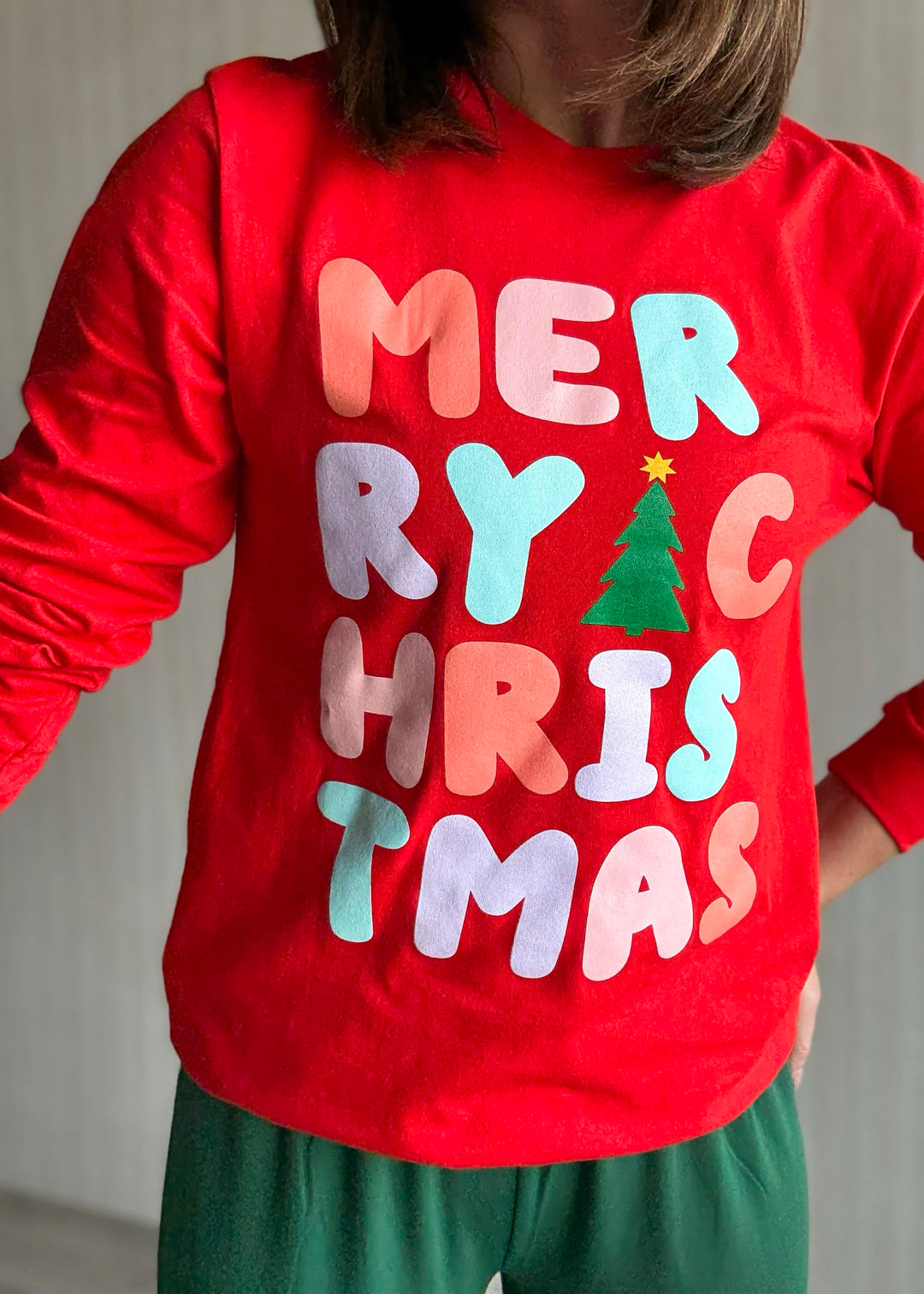 Women's Red Merry Christmas Long Sleeve Tee | Cute Holiday Graphic Shirts