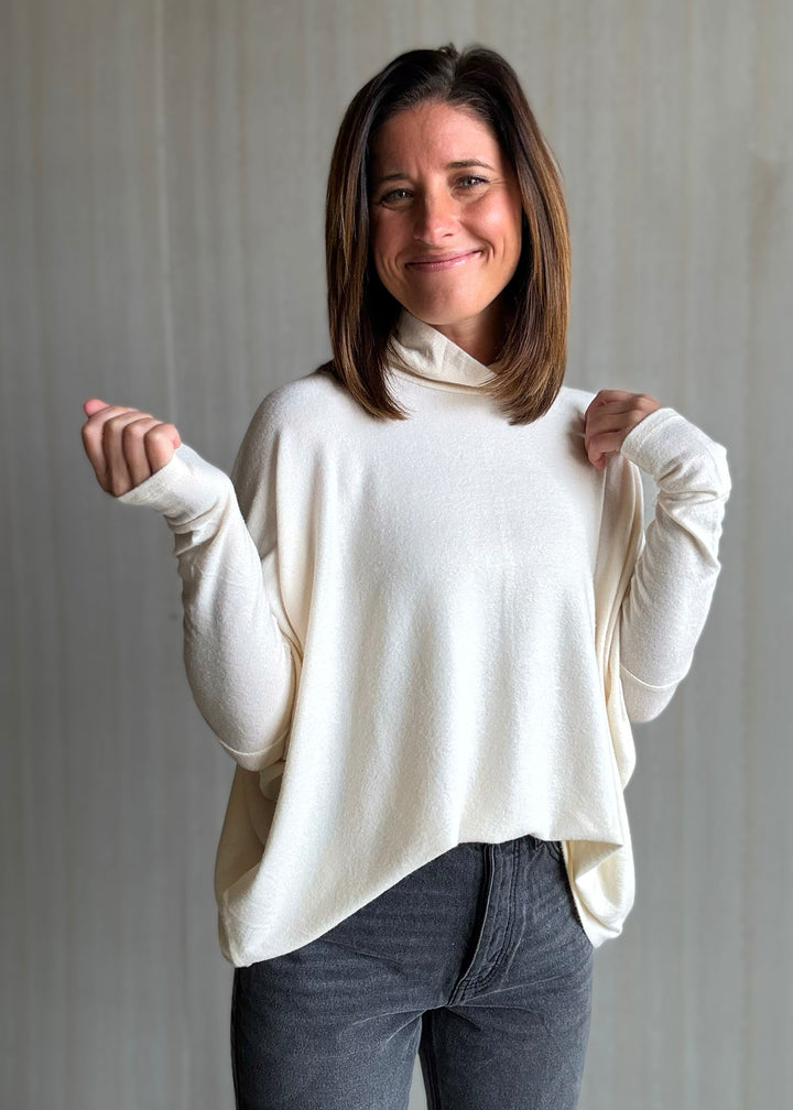 Women's Cream Turtleneck Dolman Oversized Top