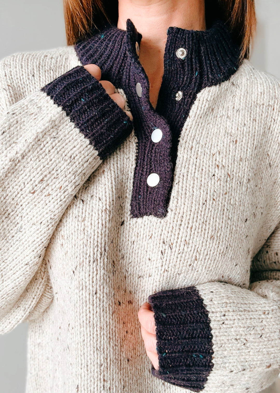 Women's Taupe & Navy Blue Henley Sweater | Classy women's sweater