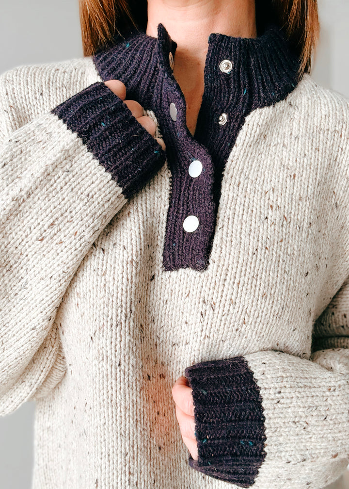 Women's Taupe & Navy Blue Henley Sweater | Classy women's sweater