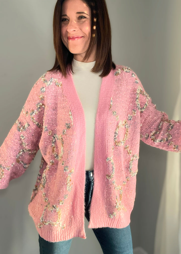 Women's Pink Stardust Cardigan | Popcorn material cardigan | Cute Valentine's Day Sweater Cardigan