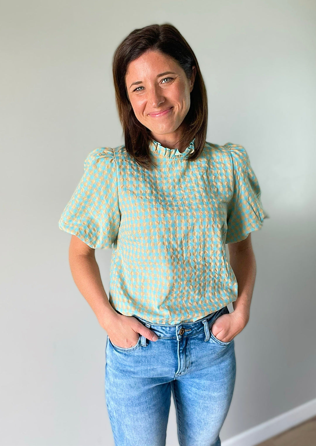 Checkered Melon & Aqua Women's Blouse