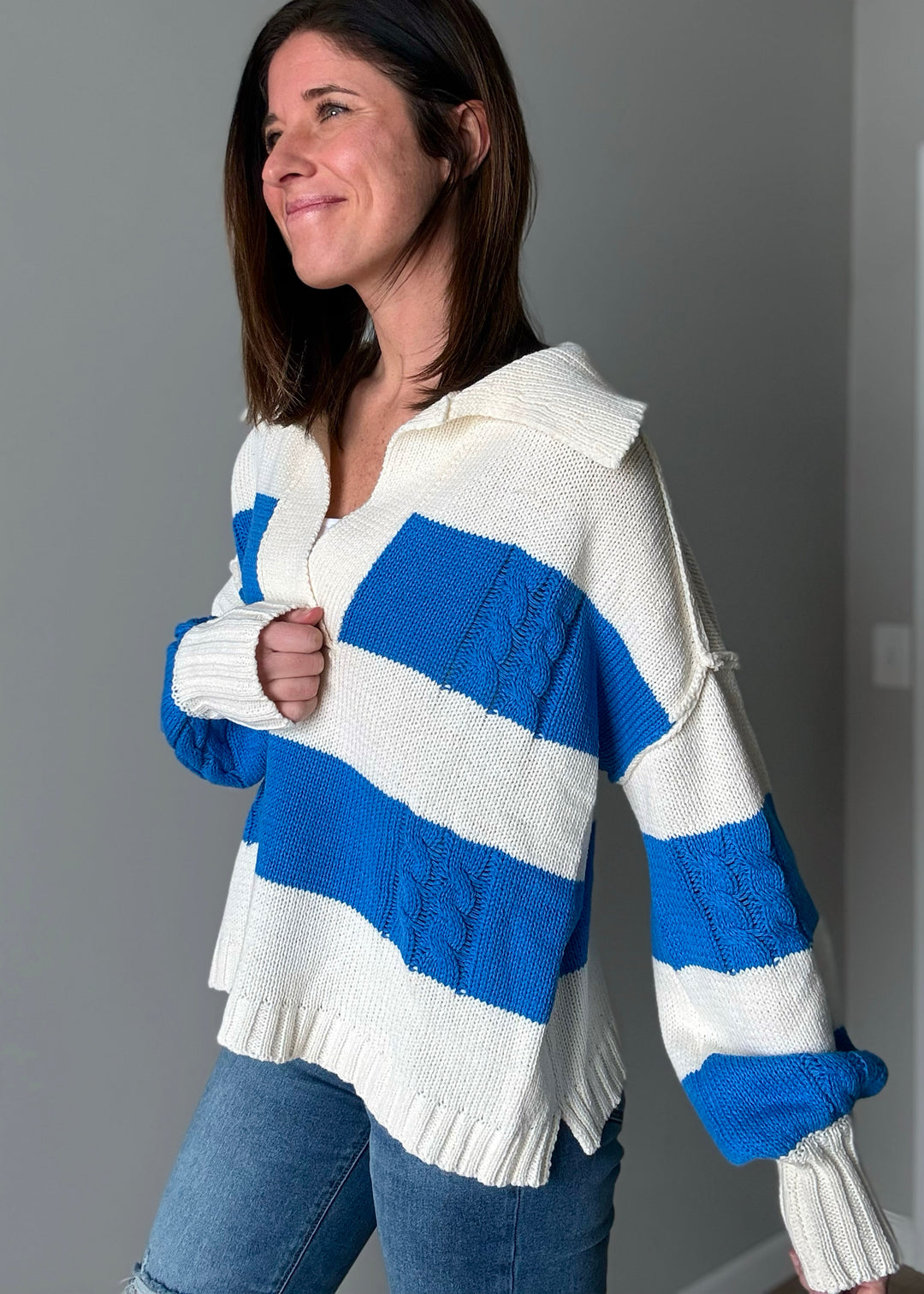 Women's Chunky Spring Sweater - Chunky Knit Pullover Sweater | blue and ivory striped sweater