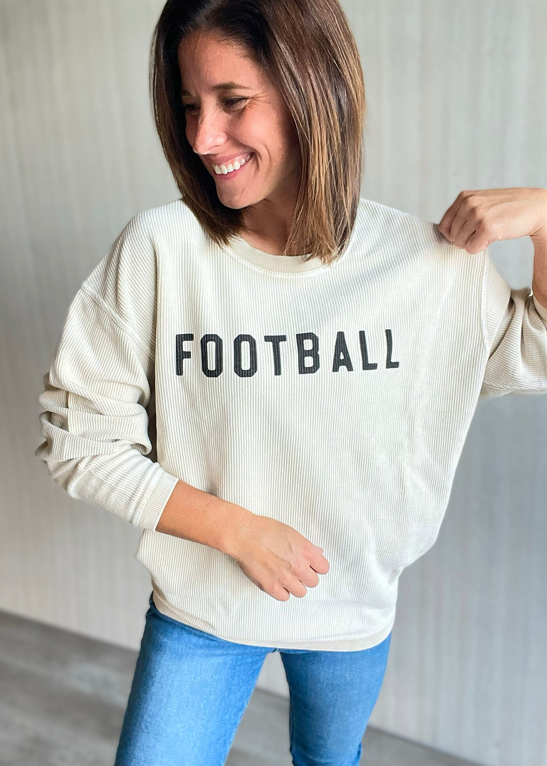 Vintage Dusty Vanilla Football Thermal Pullover - corded cream pullover for women with football text, neutral colors