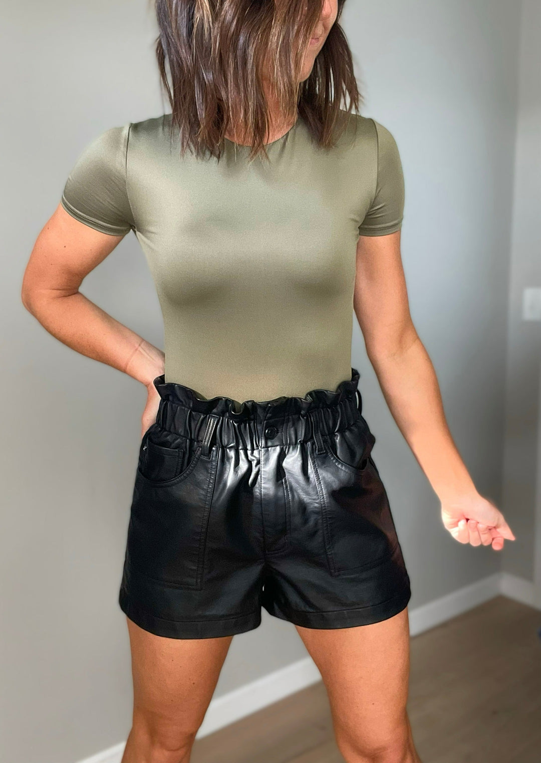 Women's Black Vegan Leather Shorts with paperbag waist