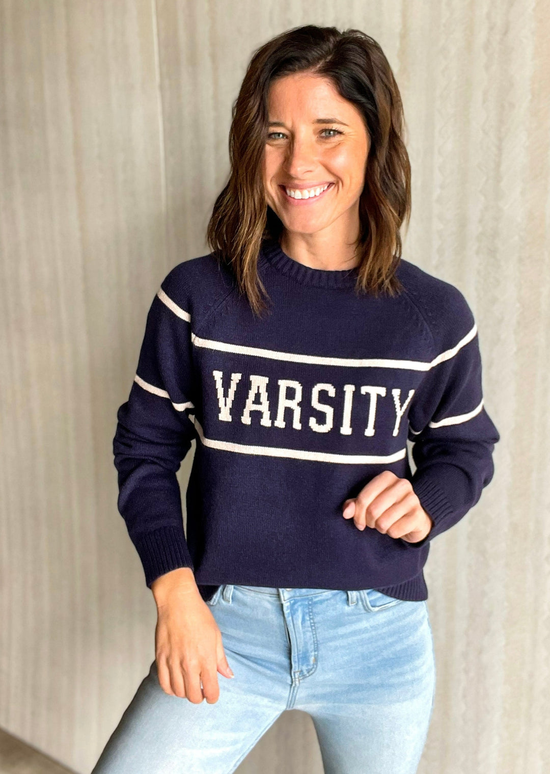 Navy Sweater with the words Varsity across the front. Preppy Navy Sporty Sweater - Sweater for game days