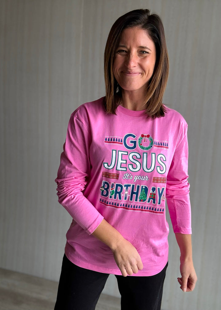Women's pink Go Jesus It's Your Birthday Shirt| Cute Faith-Based Christmas T-shirt