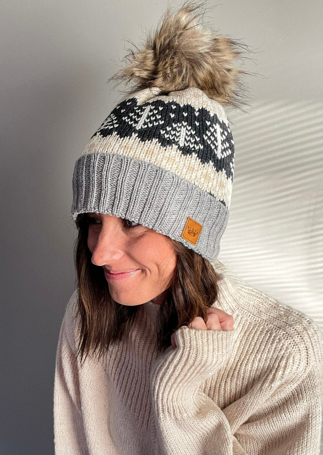 Cute Winter Hats - Gray, Tan, White and Charcoal Winter Pom Hat