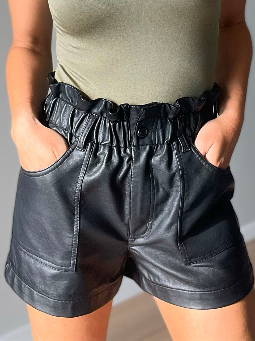 Women's Black Vegan Leather Shorts with paperbag waist