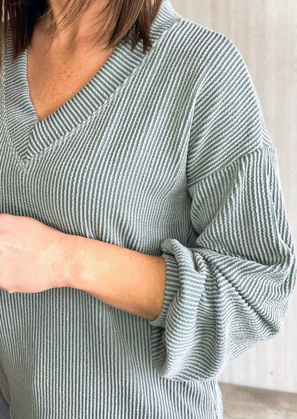 Blue Sea Foam Ribbed V-Neck Top | Women's Ribbed Long-Sleeve V-neck Shirt