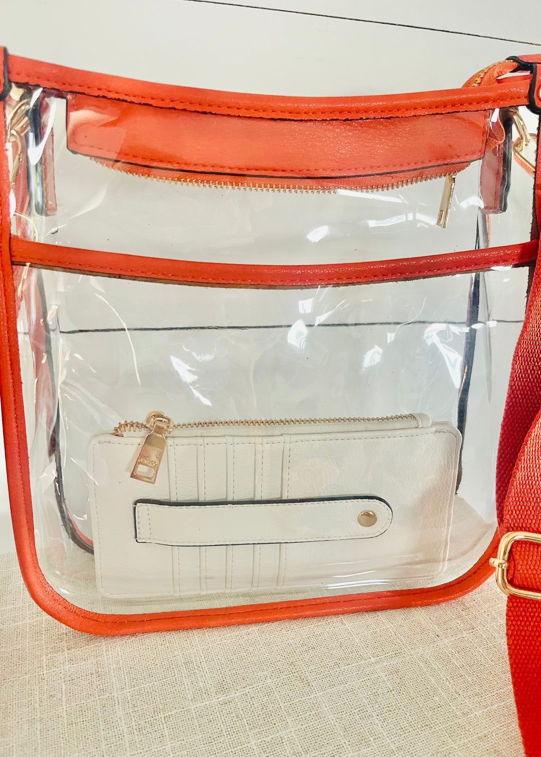 White Slim Credit Card Holder in Orange Clear Bag. Great for game days!