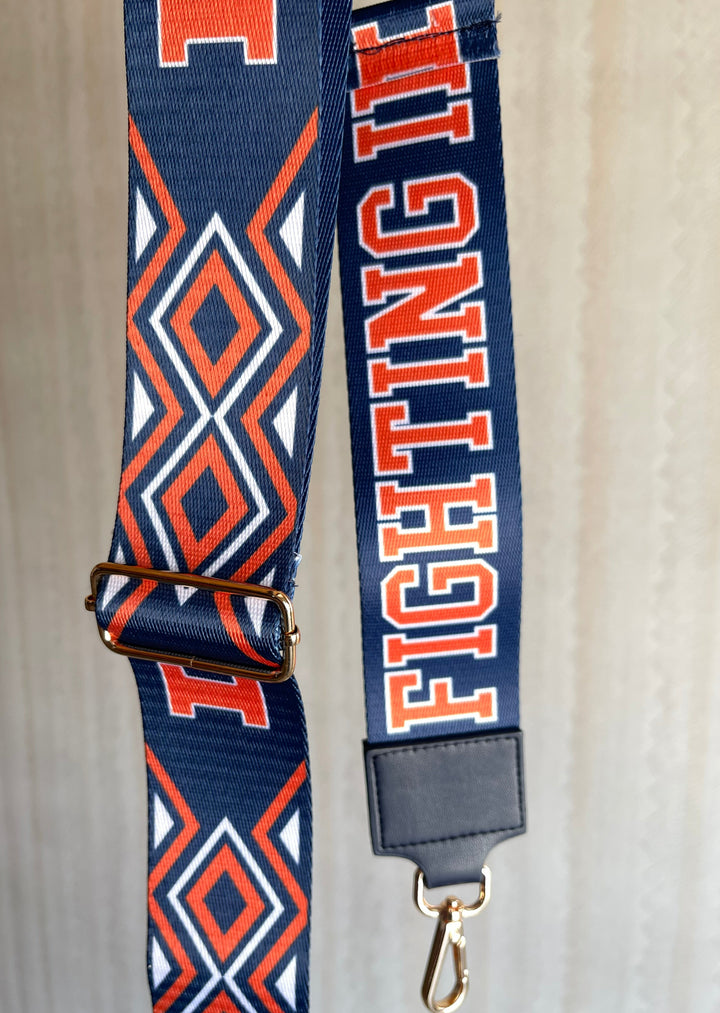 Illinois Purse Strap with Orange and Blue Aztec Print. Illinois Game Day Accessories.