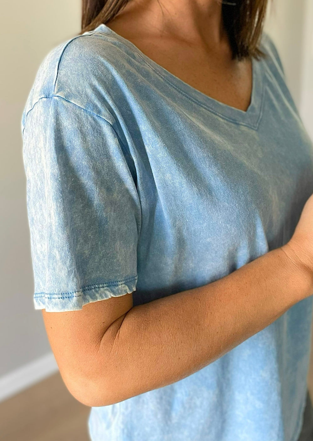 Women's Mineral Washed Sky Blue V-Neck T-Shirt