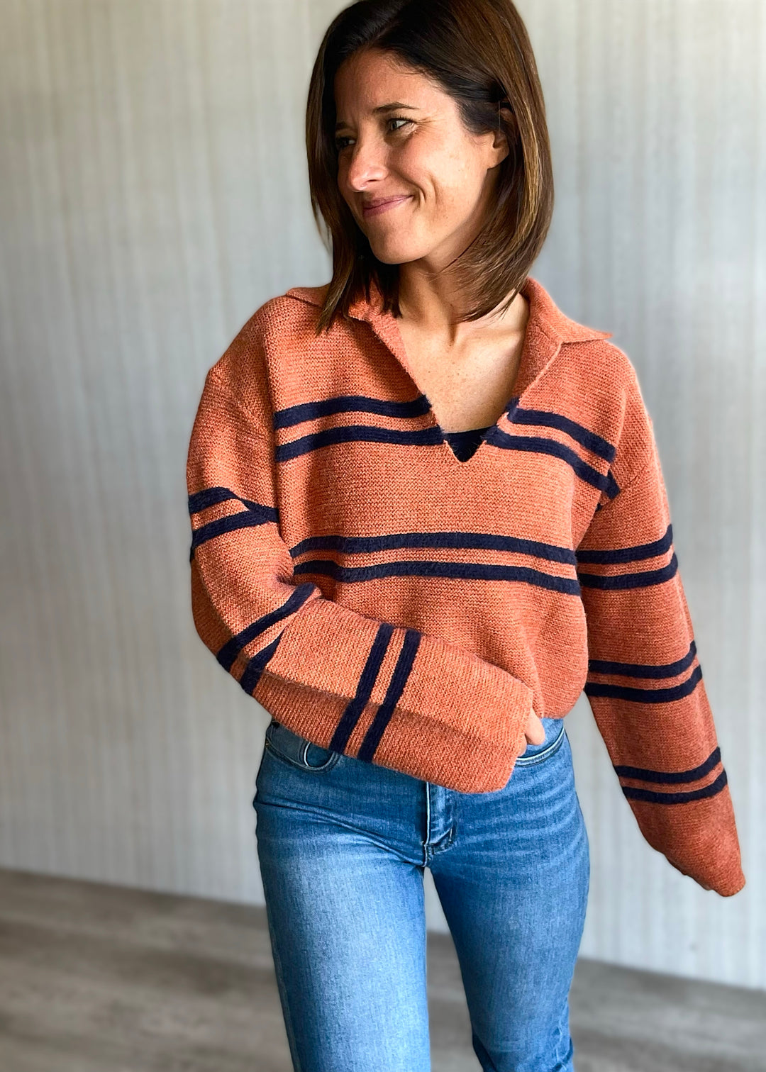 Women's Rust-Orange & Navy Striped Cropped Sweater