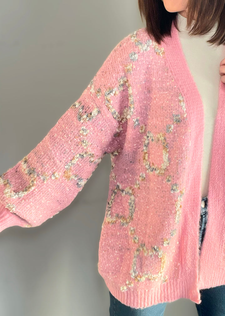 Women's Pink Stardust Cardigan | Popcorn material cardigan | Cute Valentine's Day Sweater Cardigan