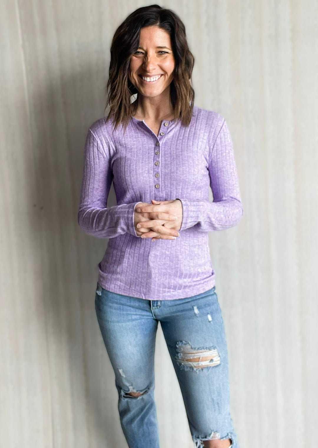 Women's Heathered Lavender Ribbed Long Sleeve Henley Shirt