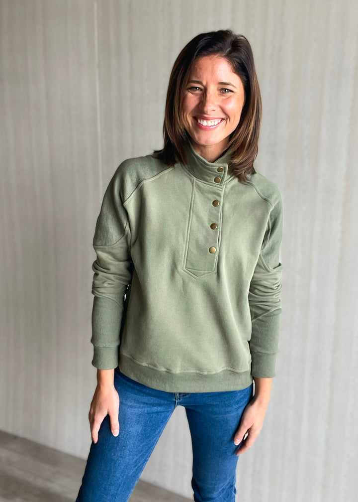 Women's Olive Half Snap Sweatshirt