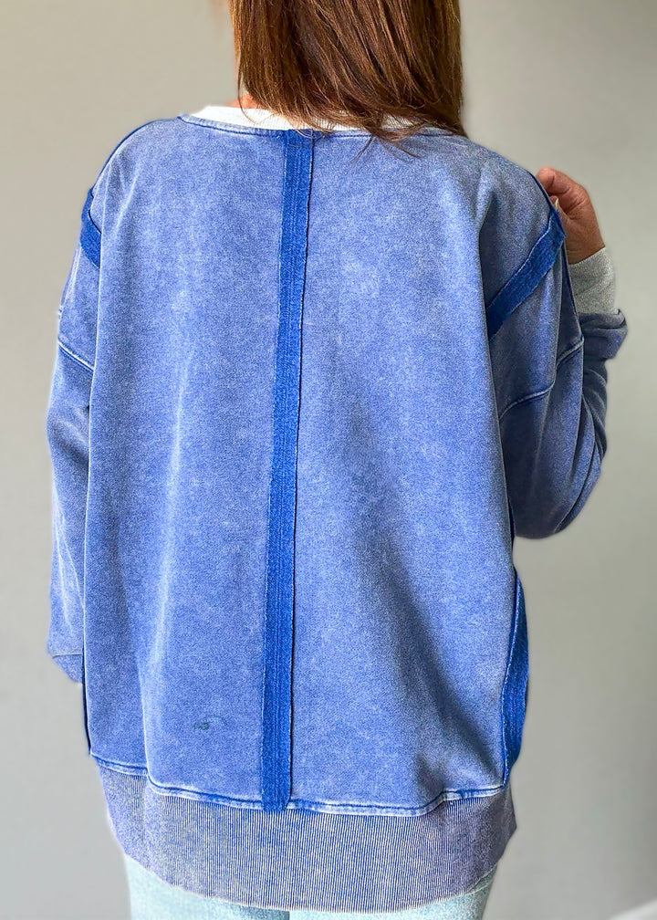 Women's Blue Color Block Pullover | Comfy Sweatshirt