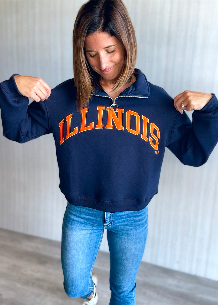 Women's Illinois Navy Quarter Zip Sweatshirt | Central Illinois Women's Clothing Boutique with game day clothing.