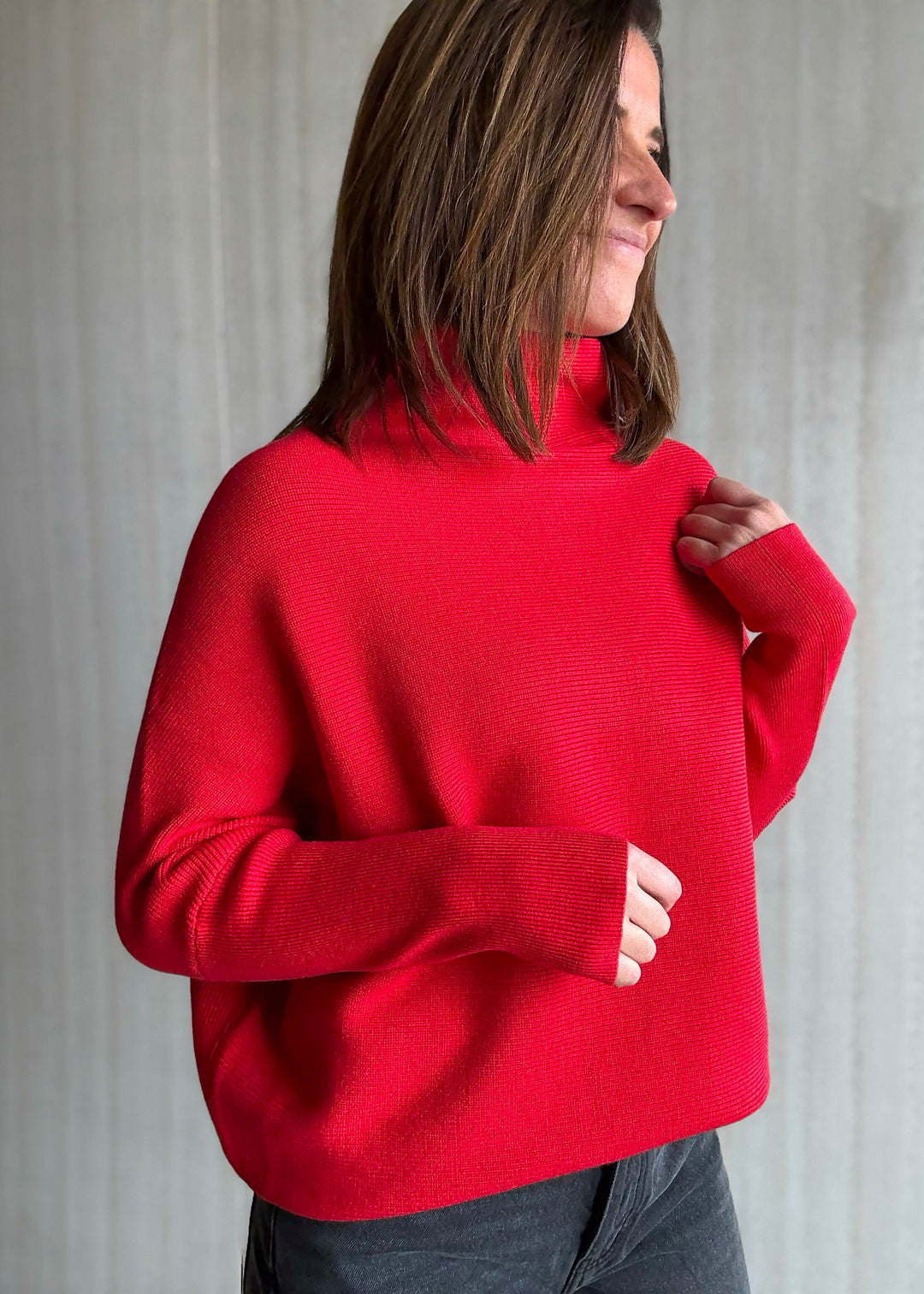 Women's Red Dolman Sleeve Mock Neck Sweater