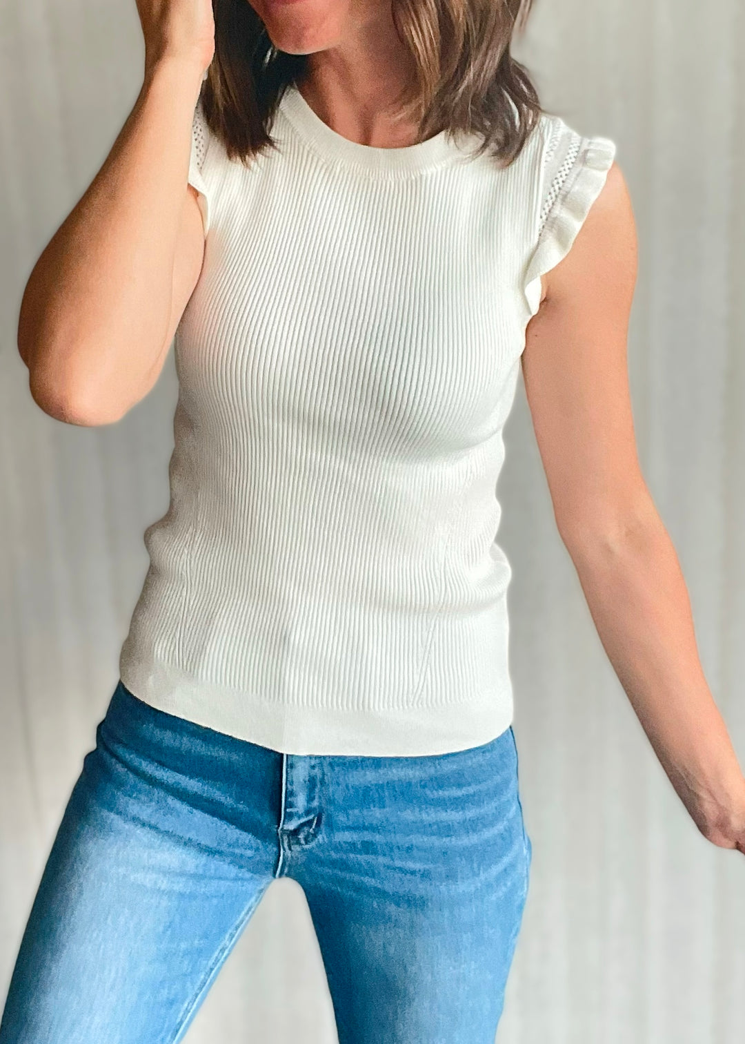 Skies Are Blue Off White Ruffle Sleeve Knit Top