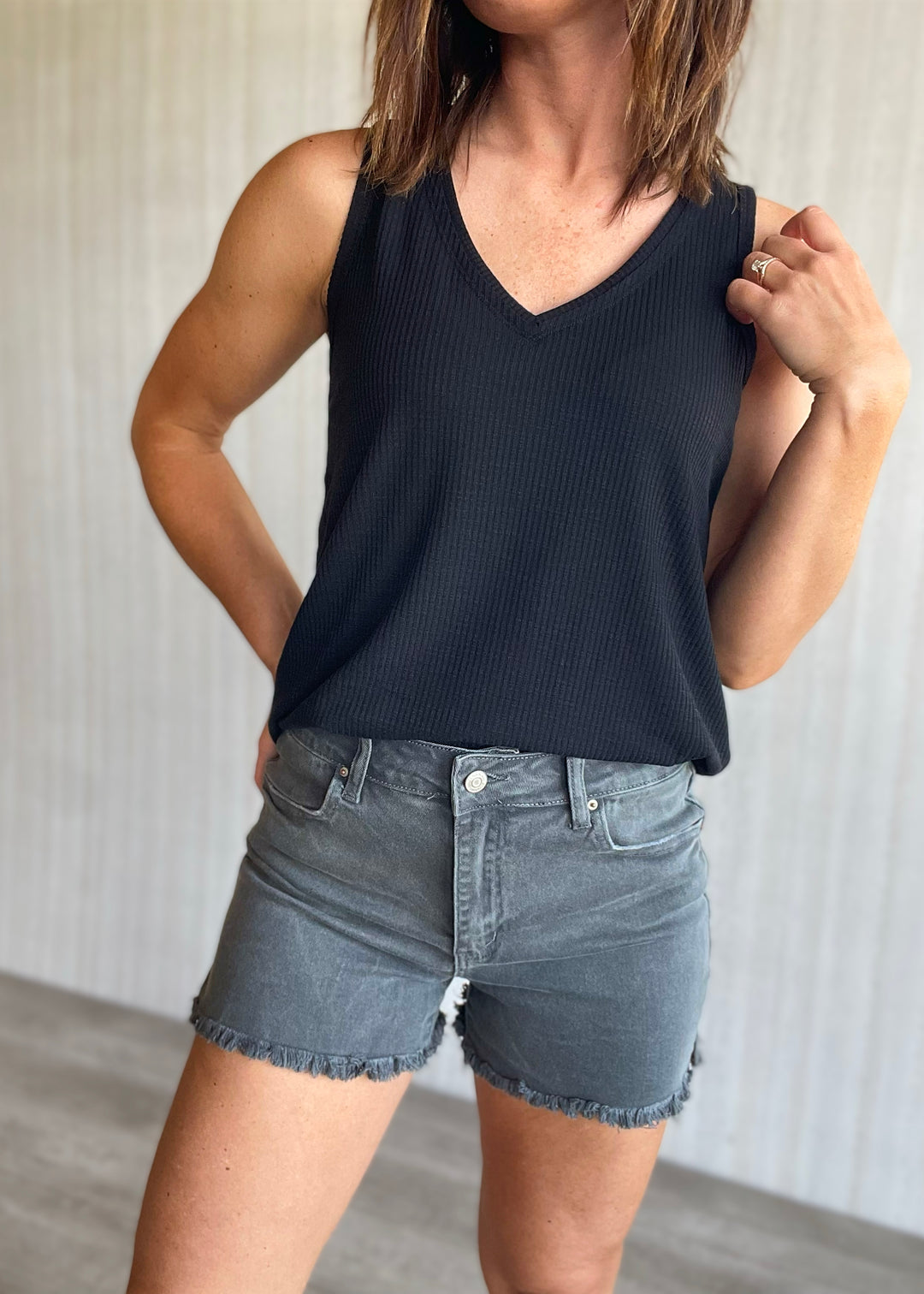 Women's Ash Black Frayed Hem Shorts