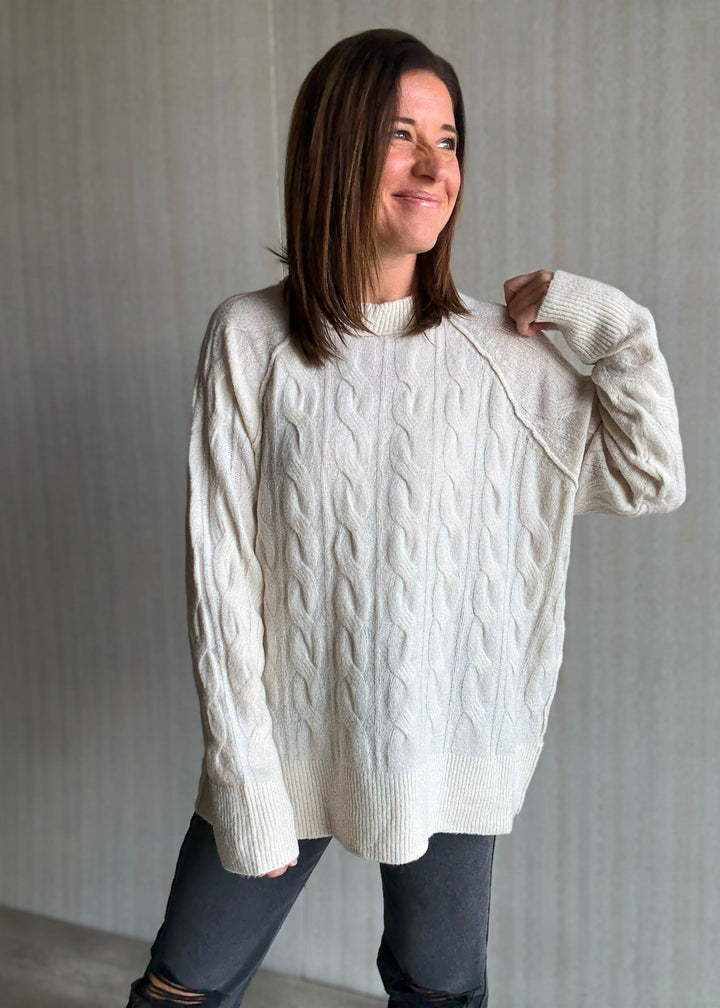 Women's Cozy Sweater - Cream Cable Knit Pullover Sweater